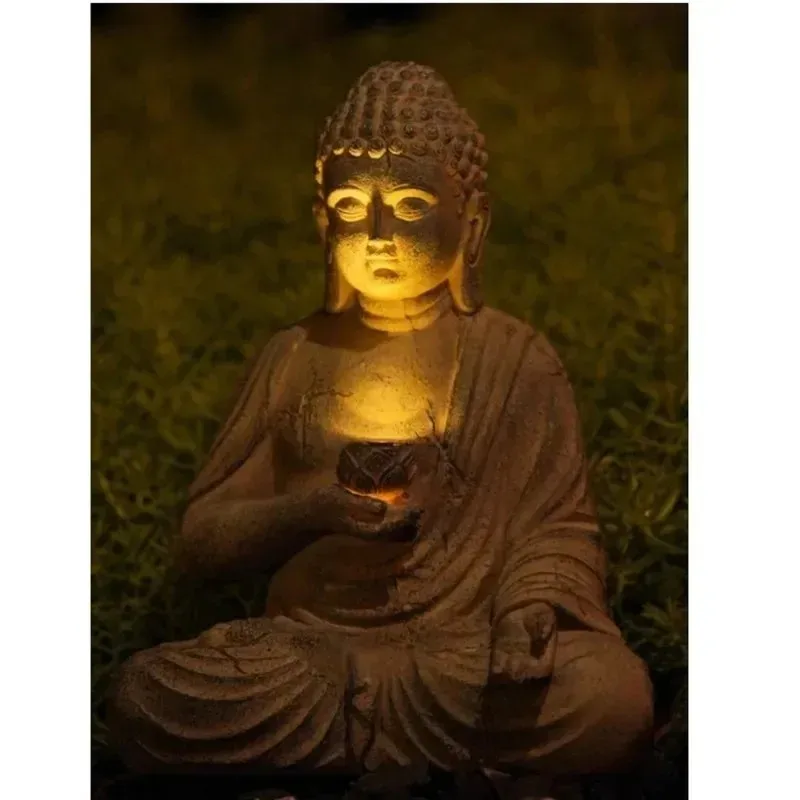 new resin buddha sculpture with solar led lights, waterproof zen japanese asian statue for outdoor garden landscape ornament