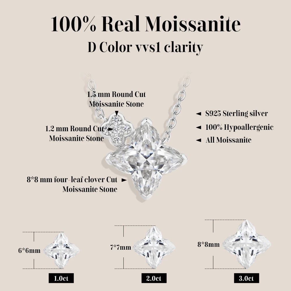 ATTAGEMS Clover Cut DVVS1 Moissanite Necklace for Women S925 Sterling Silver Adjustable 40+5cm Pass Diamond Test Valentine Gifts