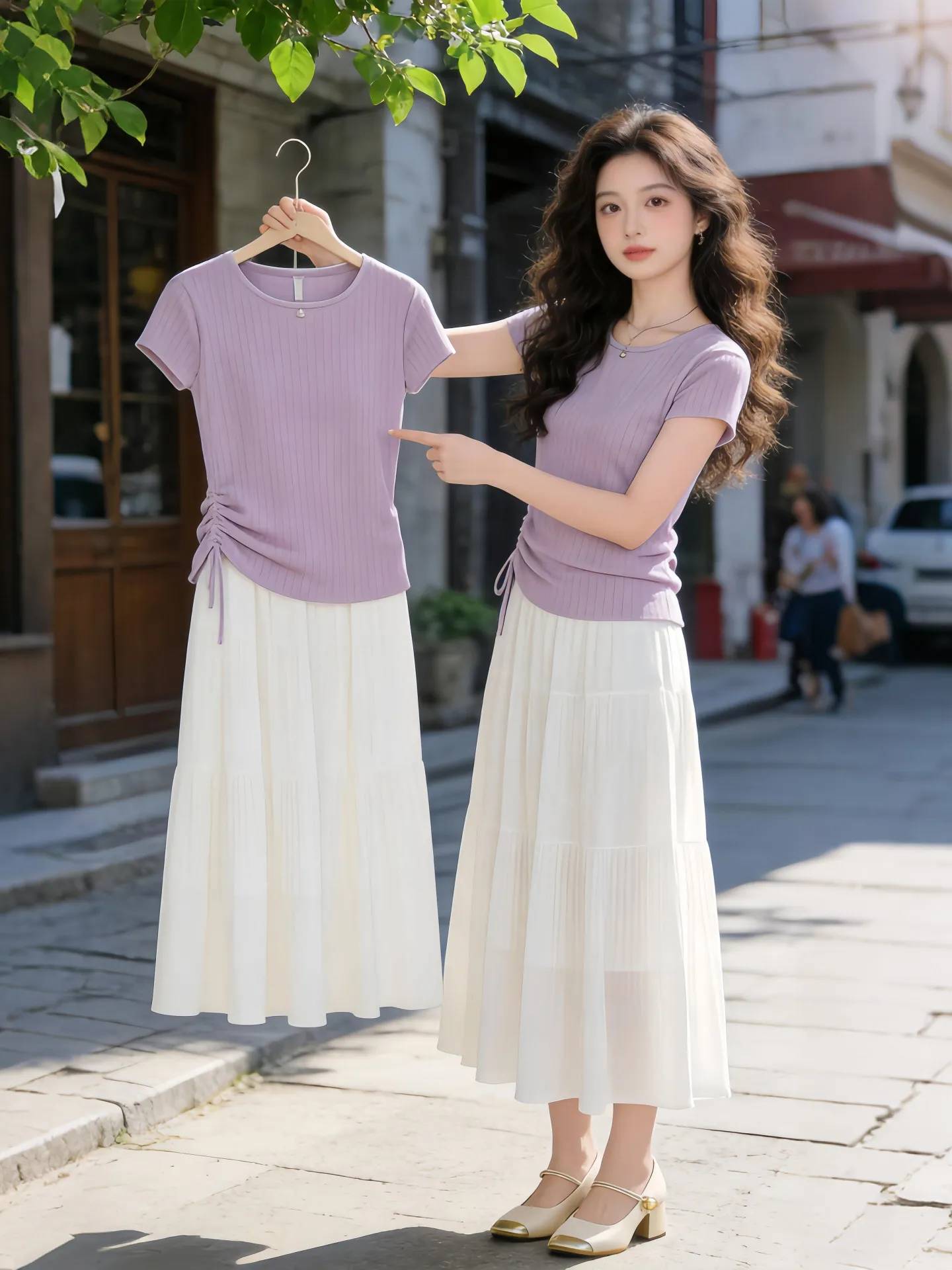 

Summer 2026 Trendy Outfit Set Light Purple Striped Top White Skirt Commute Friendly Two-Piece Ensemble Age Defying