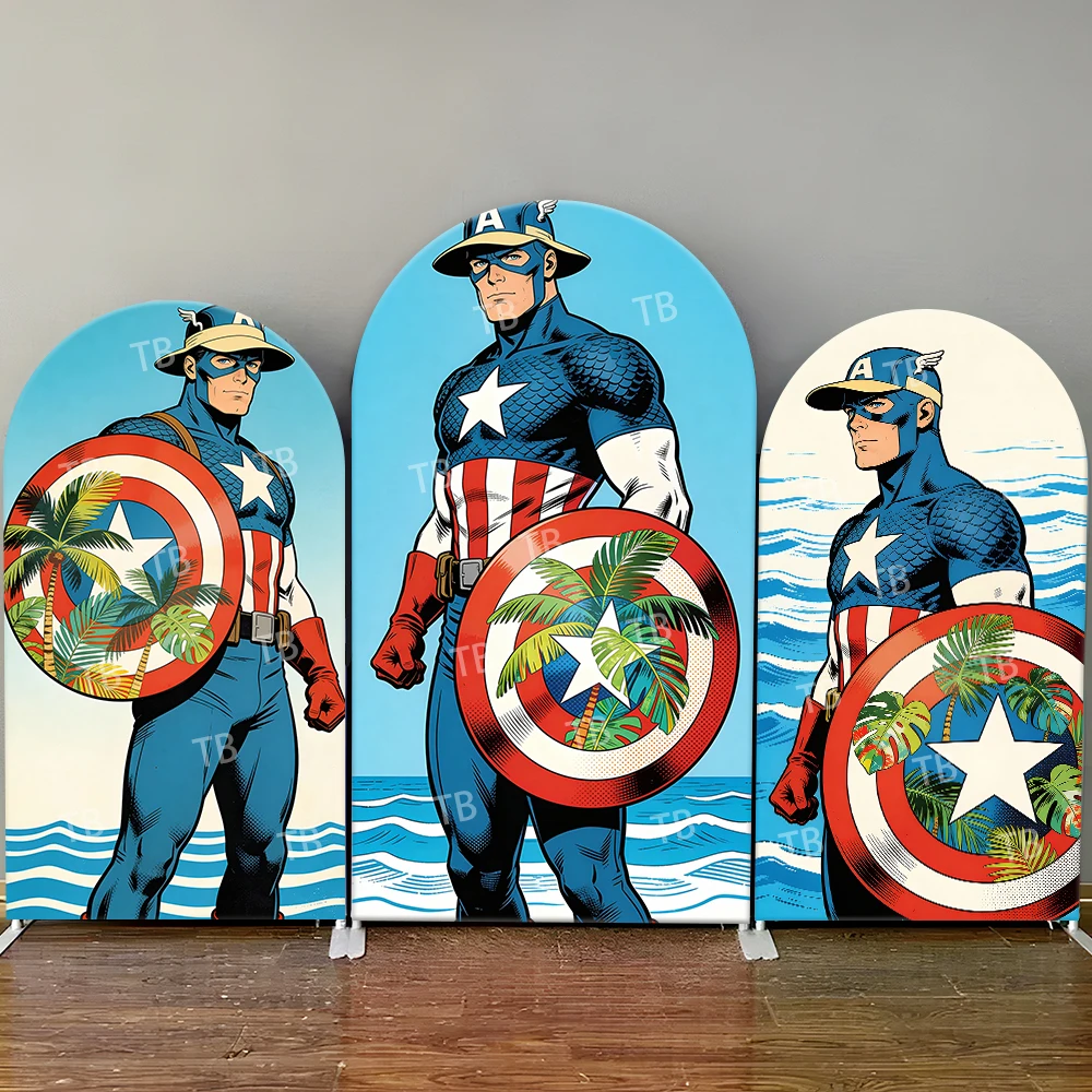 

Captain America Tropical Beach Style Arch Backdrop Cover Relaxed Hero Scene For Kids Birthday Baby Shower Photo Booth Background