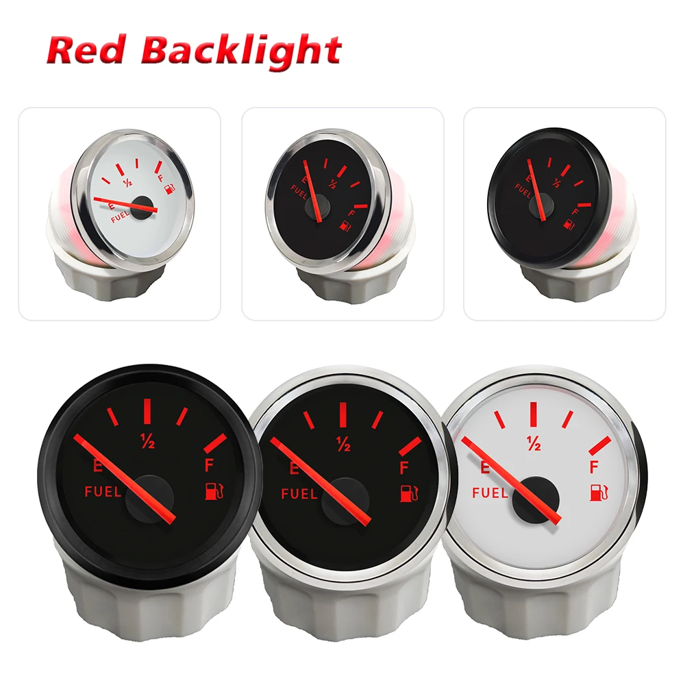 Rhaxel 52mm Fuel Level Gauge 0-190ohm 240-33ohm Signal with Red Backlight for Cars Motorcycles Truck Vessels Yachts