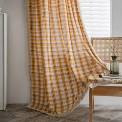 American Style Cotton Linen Plaid Curtains Bedroom Curtains with Tassel Semi-shading Kitchen Valance Drapes for Living Room