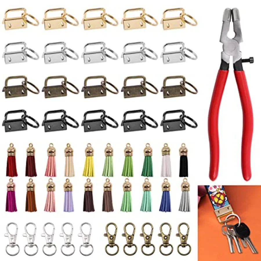 

51Pcs 4 Colors Key Fob Hardware Kit with Glass Running Pliers Tassels Keychain Rings Hardware Accessories for Key Chain Making