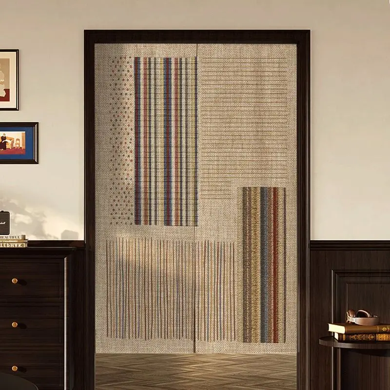 VIKAMA Retro Linen Stripe Geometric Noren Door Curtain Patchwork Textured Print Room Divider Curtain Living Room Entryway Decor