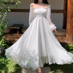 Slash Neck Dresses Women Solid A-line Mori Girl Style Retro Summer Tender Elegant Slouchy Japanese  Edible Tree Fungus Chic