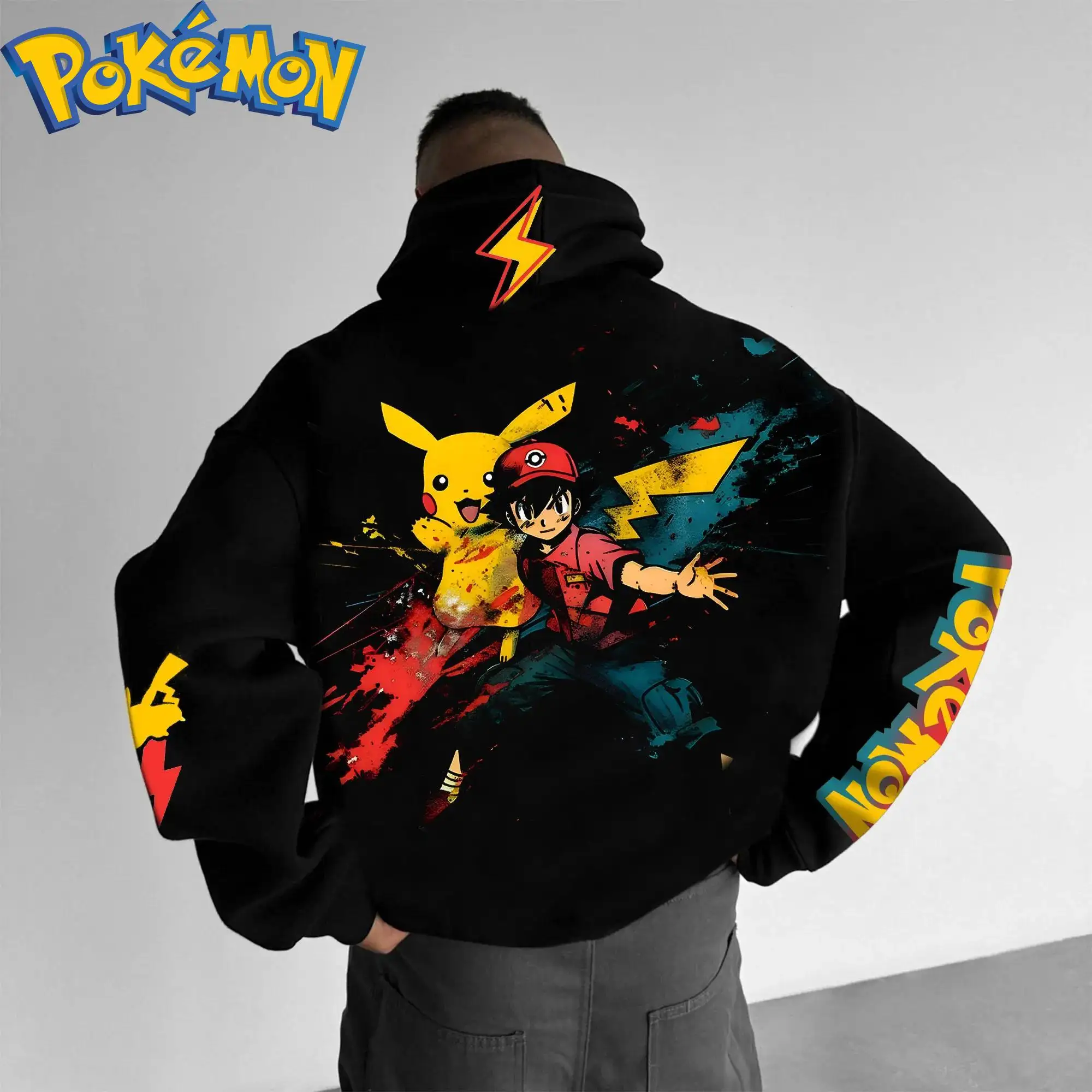 Pokemon anime pikachu algodão hoodie cor preta personagem impressão com efeito de respingo azul vermelho e padrão relâmpago streetwear
