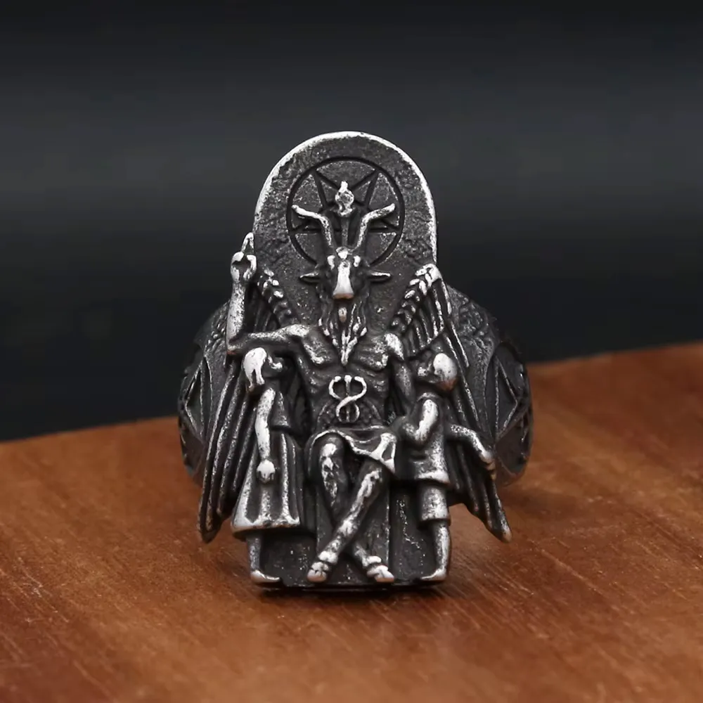 Gothic Goat Statue Stainless Steel Ring For Men Vintage Occult Pentagram Biker Daily Party Finger Fashion Jewelry Gifts