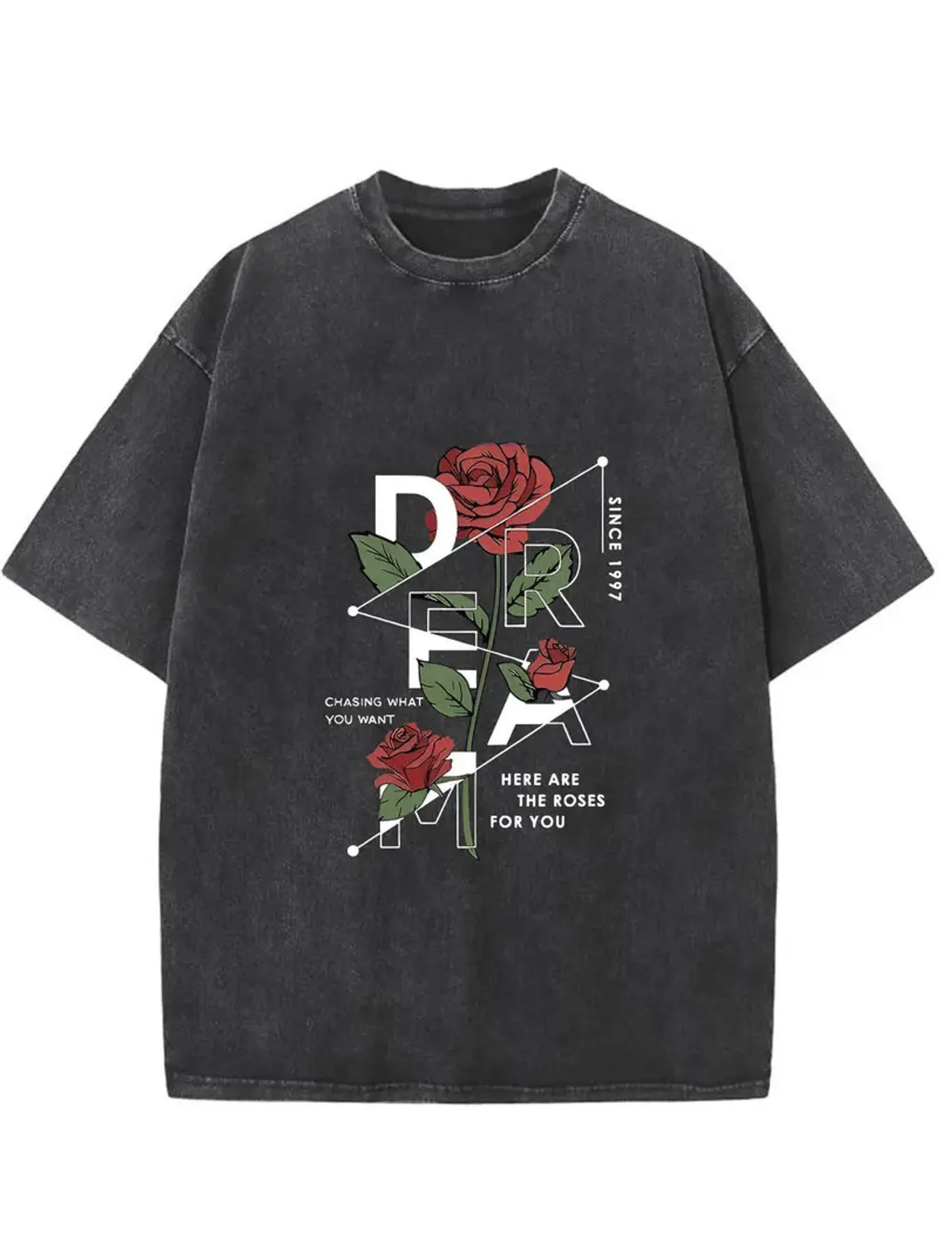 1 Piece 1 Piece 1 Piece Vintage Rose Print T-Shirt - Washed Round-Neck Tie-Dye T-Shirt, Thickened Version - Casual Shirt, Suitable for Training, Beachwear, Daily Wear (Regular Fit), Machine Washable