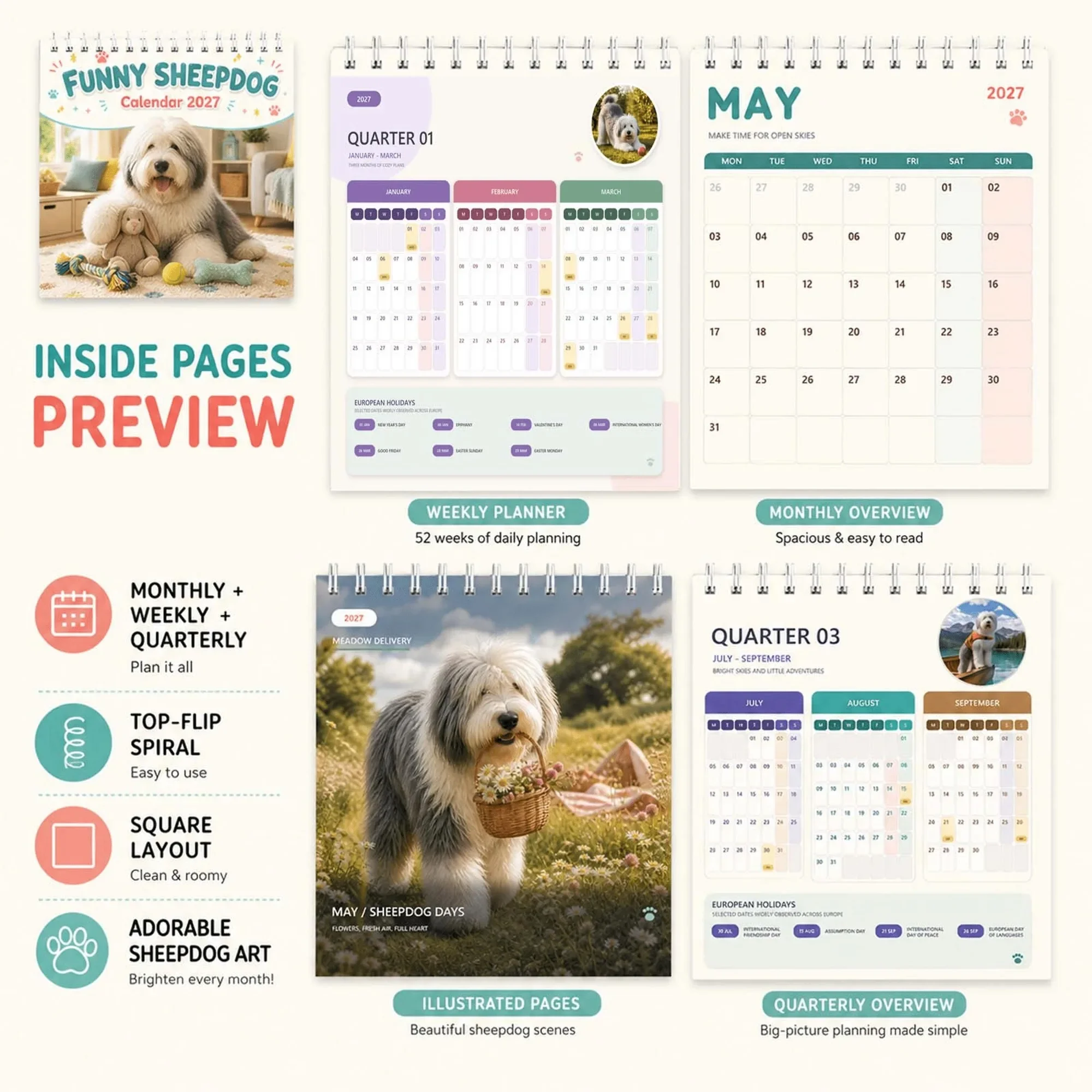 2027 Funny Sheepdog Planner Calendar, Top-Spiral Desk Organizer with Monthly Calendar, Weekly Schedule and Notes