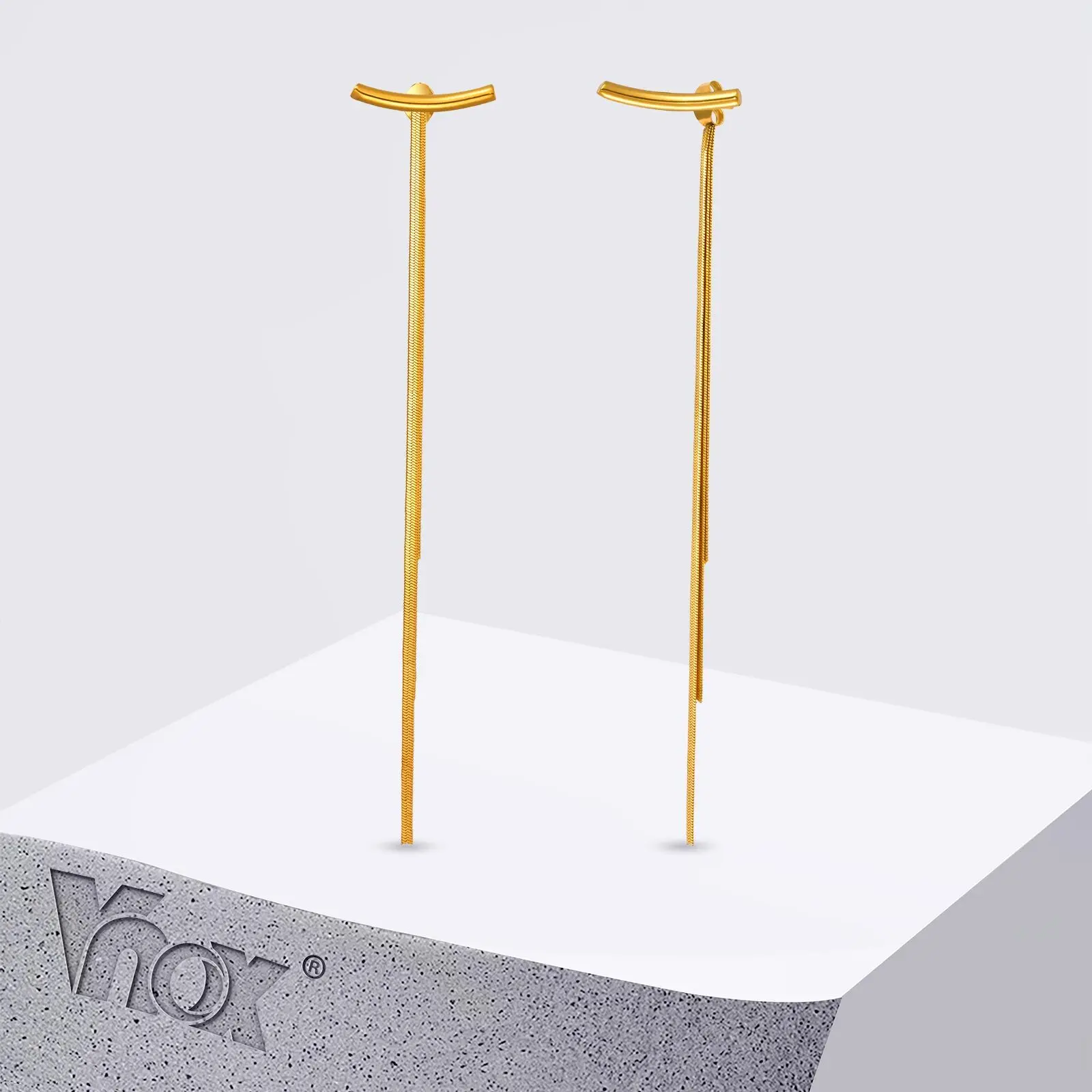 Vnox Glossy Metal Long Chain Tassel Drop Earrings For Women Girls, Stainless Steel Fashion Jewelry, Gold Color Dangle Earrings