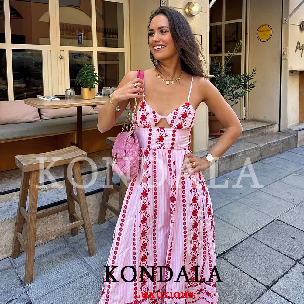 KONDALA Vintage Boho Embroidery Pink Cami Dress Women Backless Lace Up Holiday Beach Dress Fashion 2026 Summer Elegant Dress