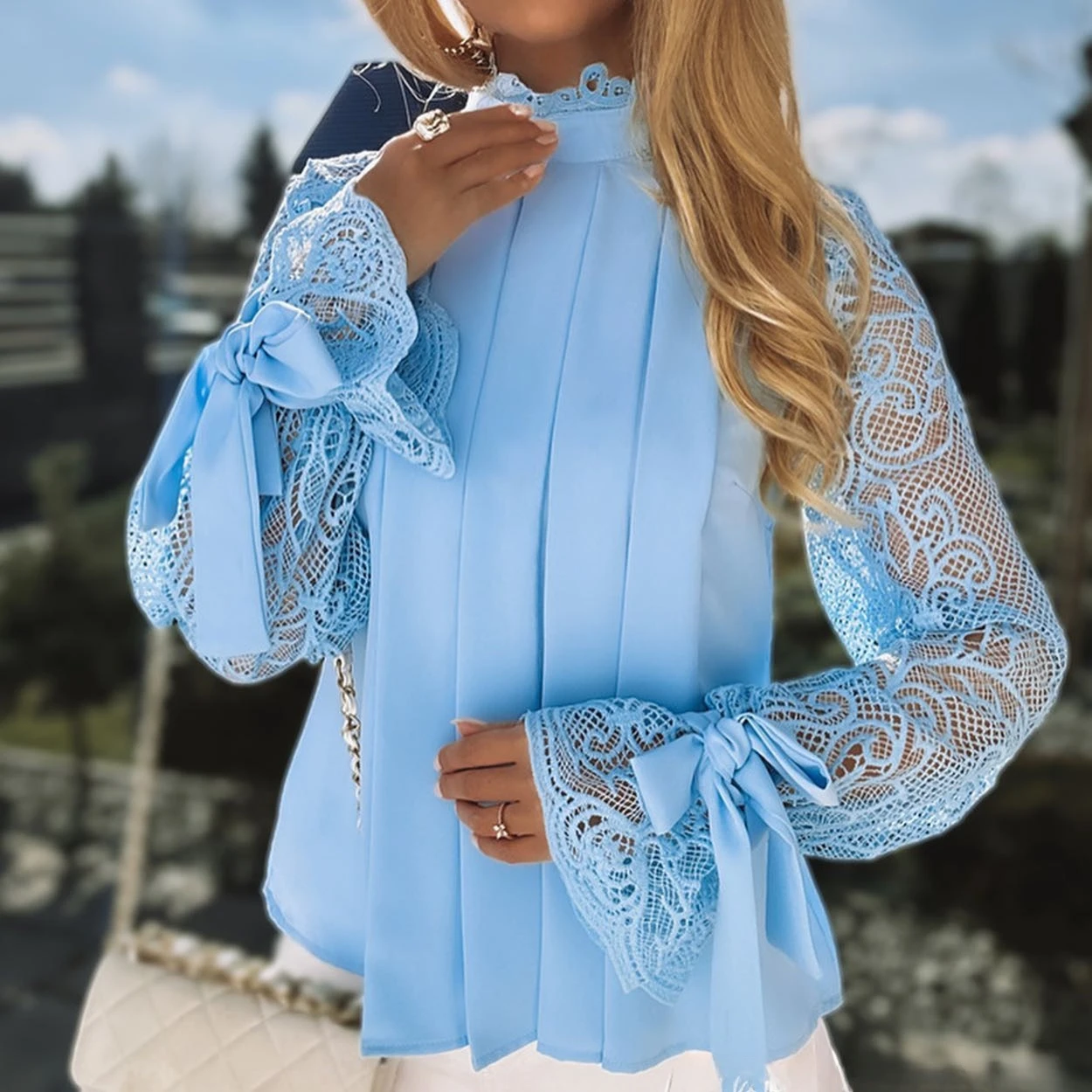 Casual Womens Tops Fashion Blouses Contrast Lace Tied Detail Ruched Long Sleeve Stand Collar Top Elegant Female Pullover Shirt