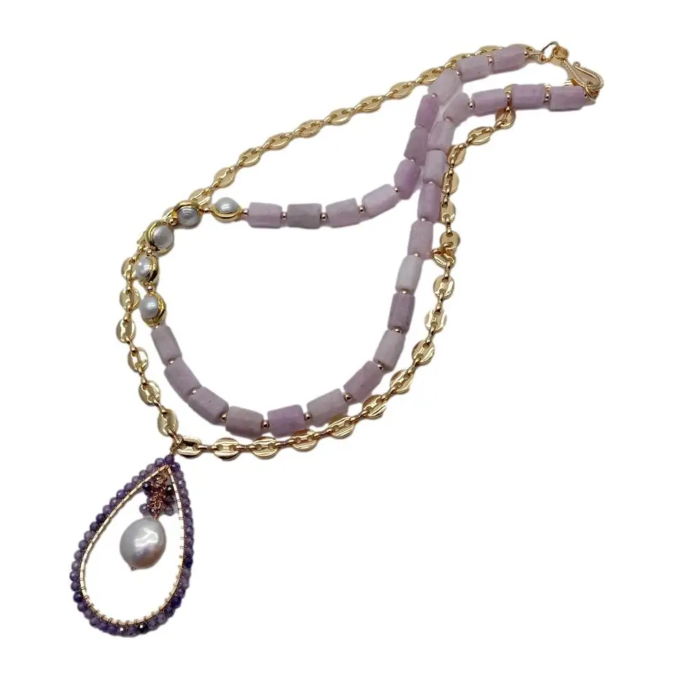 Y·YING 2 Strands Cultured White Pearl Pink Kunzite Necklace Crystal Coin Pearl Pendant Women Jewelry