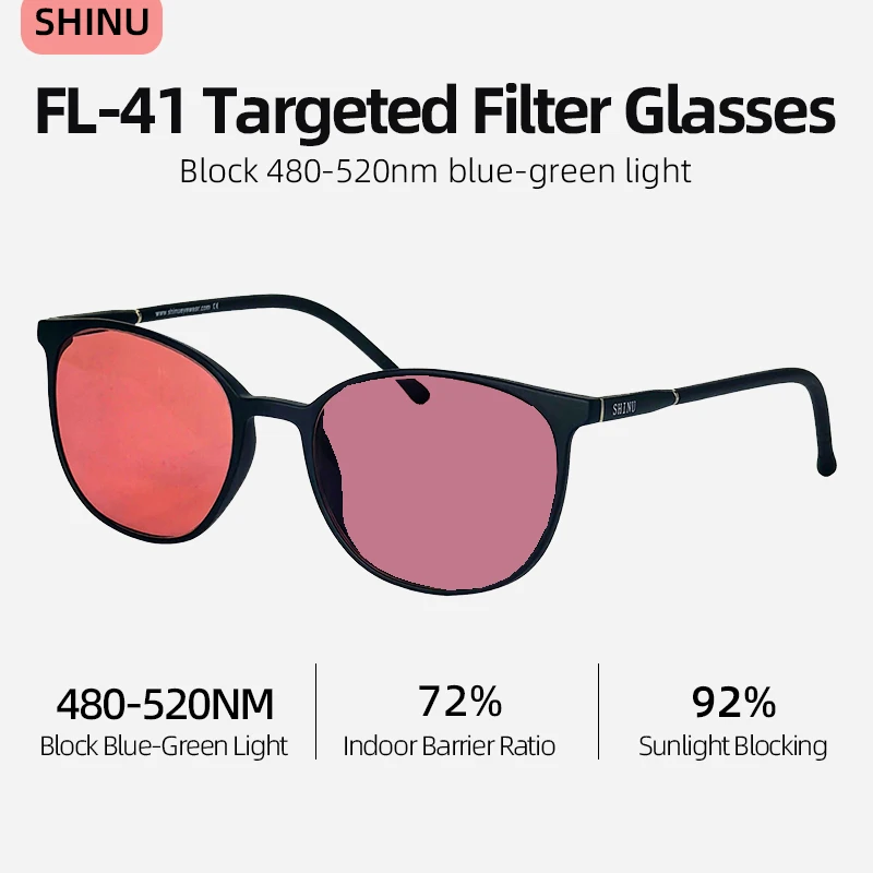 SHINU FL41 Tinted Glasses FL-41 Migraine Glasses Block 480-520nm Blue Green Light Anti Photophobia Tint Color Sunglasses Women