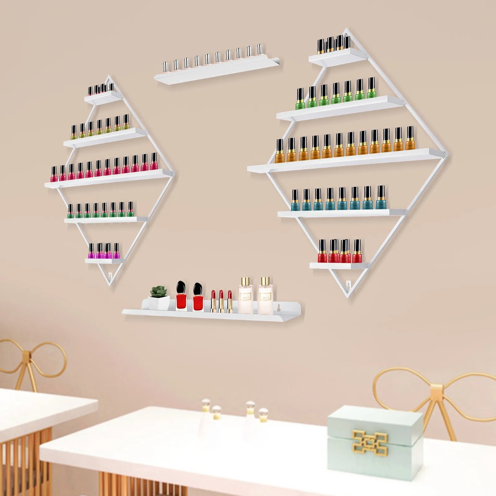 

Настенные стойки для лаков для ногтей в форме ромба, установка своими руками