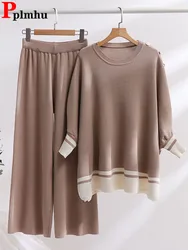 Korean Design Knitted 2 Piece Sets Women O-neck Knitwears Long Sleeve Pullover Tops Suits Casual High Waist Sweatpants Outfit