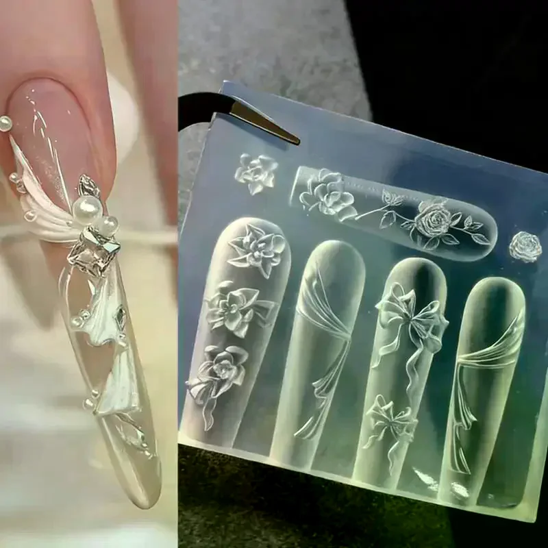 1Pcs Silicone Butterfly Nail Art Mold Five-petaled Flowers Pattern Relief 3D Transparent Nail Template DIY Manicure Decoration