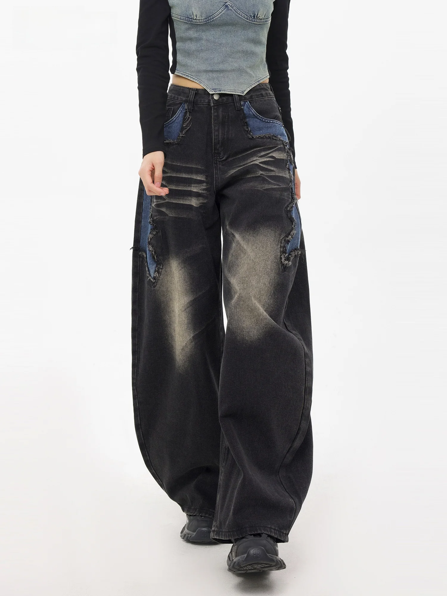 

Женские джинсы с высокой талией и широкими штанинами, с эффектом похудения, повседневные, с пэчворком и рваными элементами, из хлопковой ткани