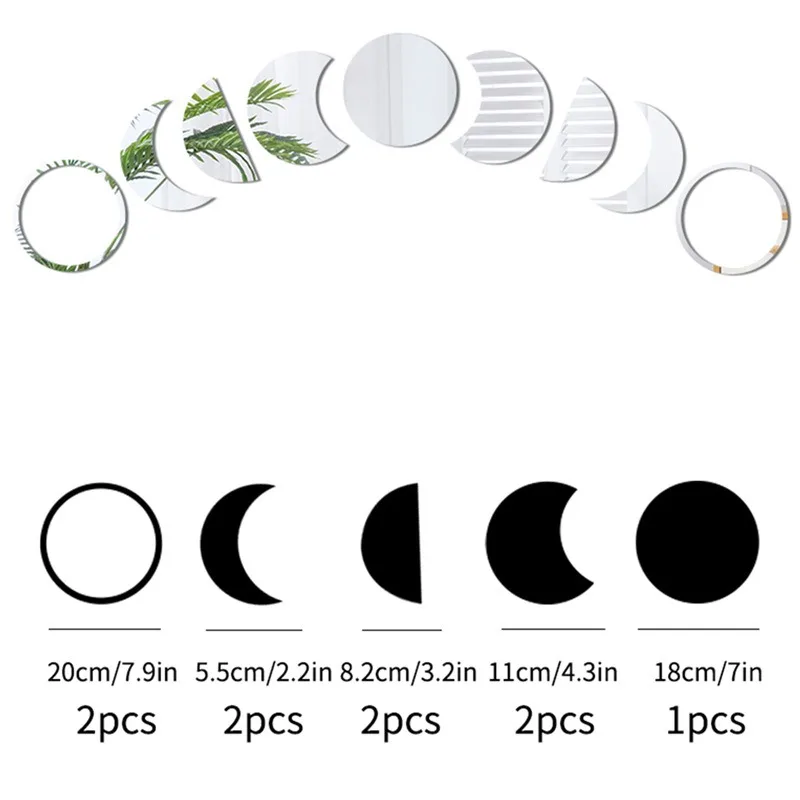 9pcs/set Acrylic Moon Shaped Mirror Wall Stickers Moon Cycle Change Lunar Eclipse Decorative Wall Mirror Art Home Decoration