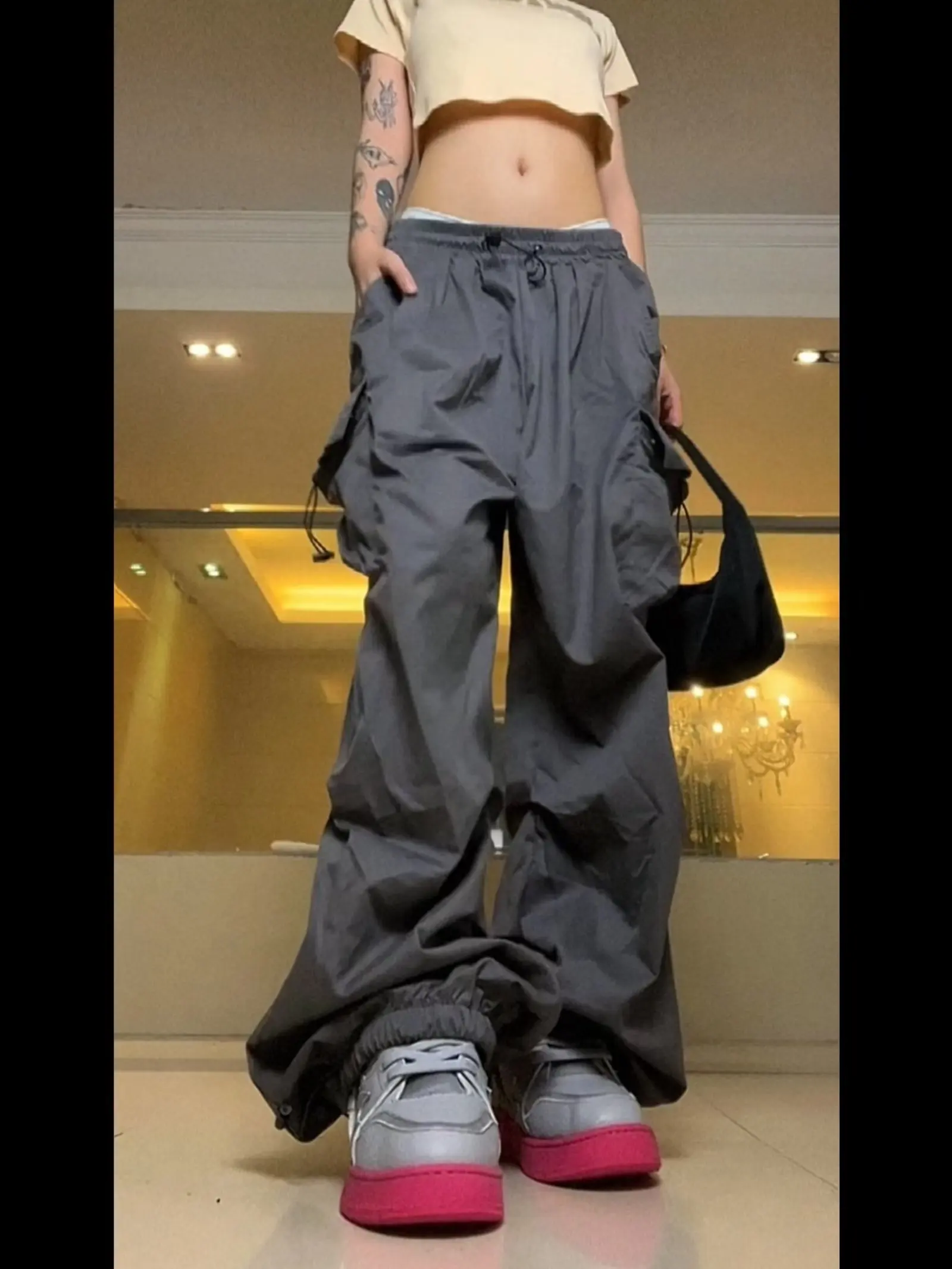 Y2K Red parachute pants Big Pockets Trousers Sweatpants High Waist Cargo Pants Tracksuits Harajuku Joggers Streetwear Pants
