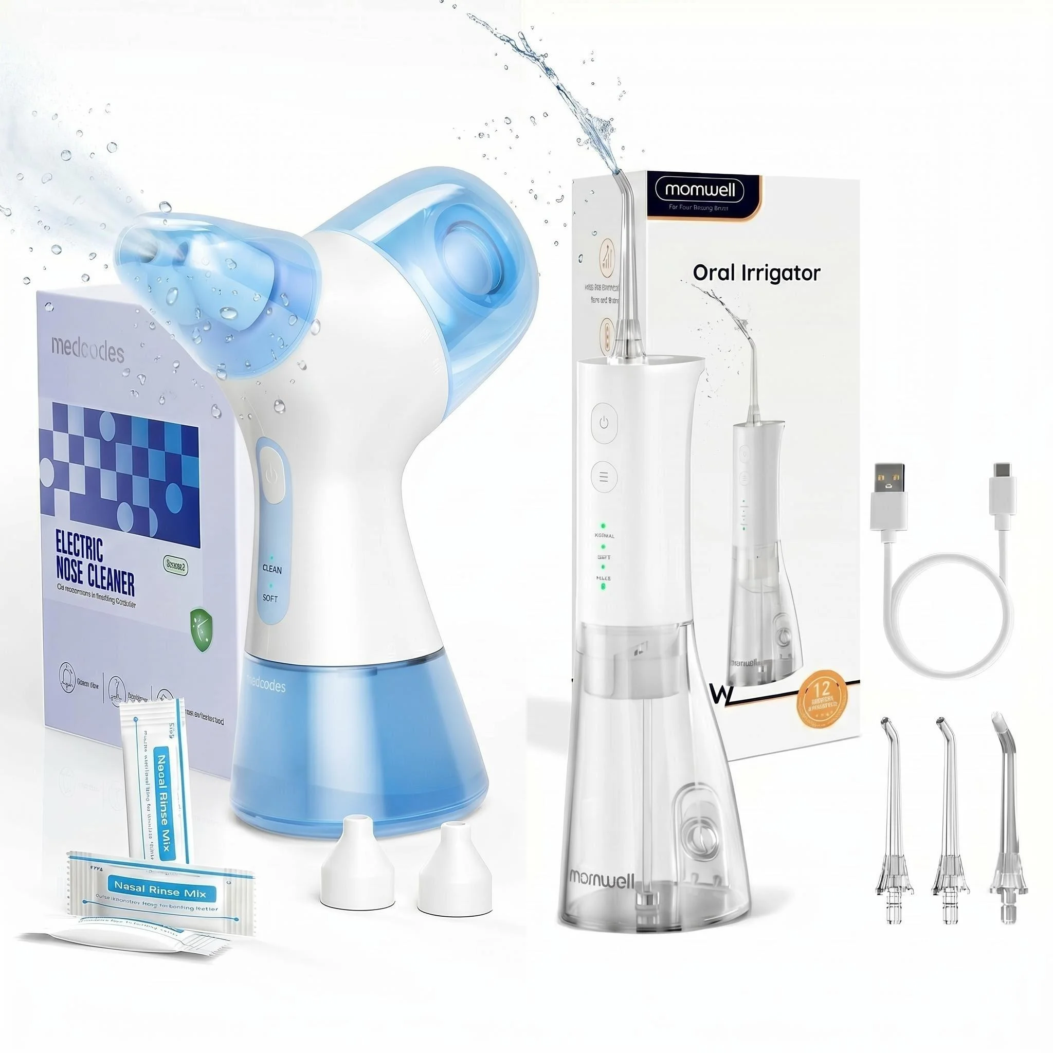 Electric Nasal Rinse Irrigation with Water Flosswer Combo, Self-Cleaning with Auto Waste Collection, 30 Salt Packets for Sinus
