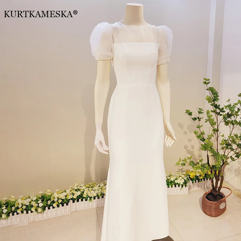 Elegant O-Neck A Line Wedding Dresses Short Sleeves Bridal Gown Simple Button Decoration Bride Dress Wedding Shooting Maxi Dress