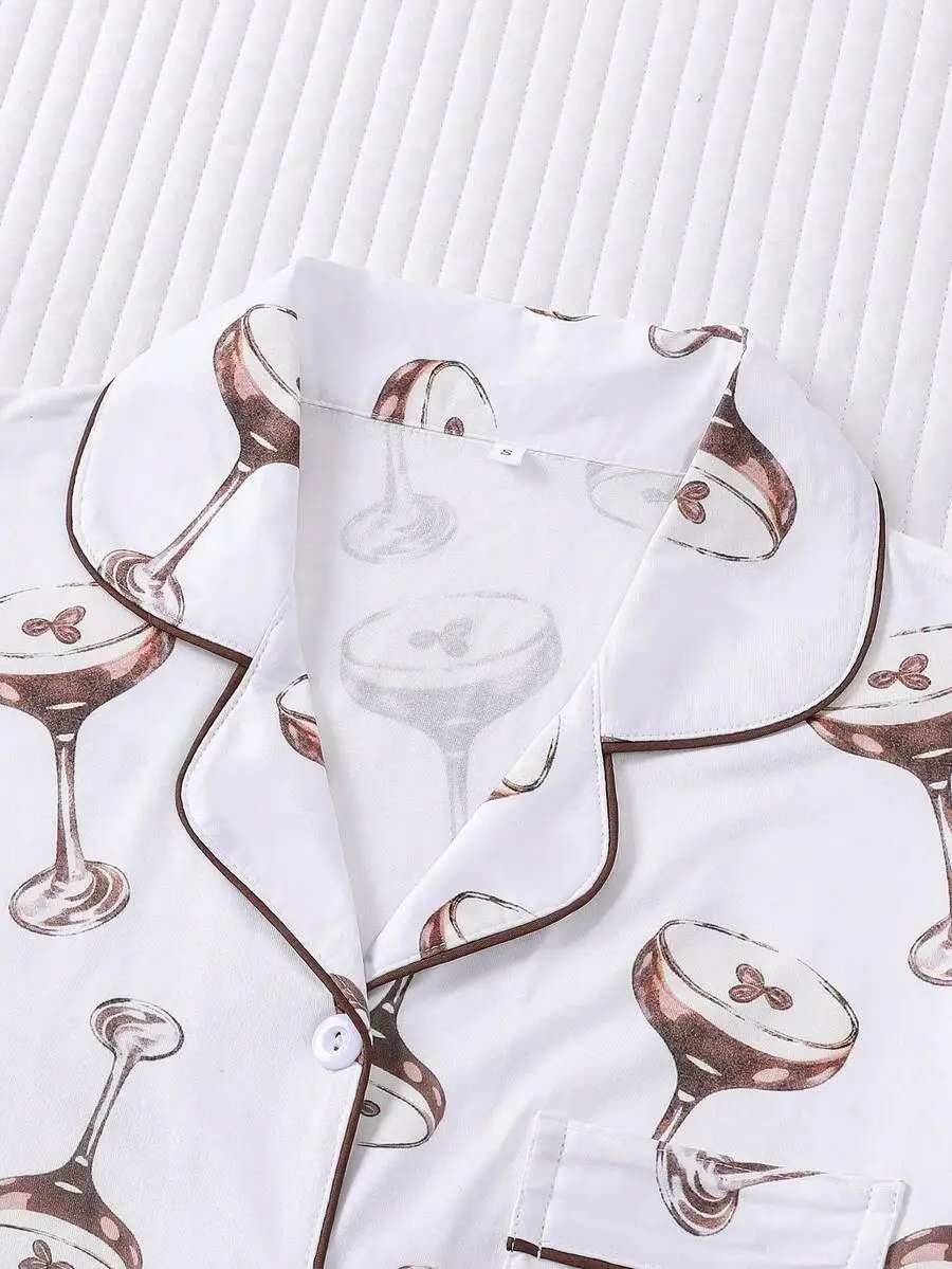 

2pcs Women Pajama Set Coffee Print Short Sleeve Lapel Top And Shorts Lounge Wear