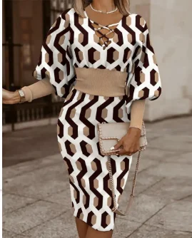 

Women's Elegant Dress 2024 Spring Summer Last Commissioning Long Sleeved V-Neck Waist Wrap Buttocks V-Neck Medium Length Skirt