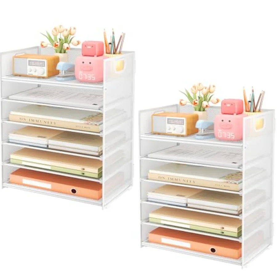 

6-Tier Desk Paper Organizer, Desktop File Letter Tray with Handle, Document Sorter and Accessories Holder for Office, Home and