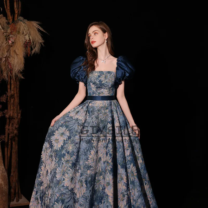 

Blue Pattern Evening Dress Women's Wedding Annual Meeting Texture Luxury Princess Palace Oil Painting Wind Tube Top Party Dress