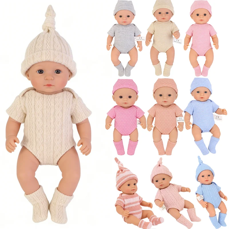 For 20cm 7inch Mini Reborn Doll Outfit Clothing Triangle Bodysuit Cute Baby Doll Plush Rabbit Ear Socks Hats Set Ropa Clothes