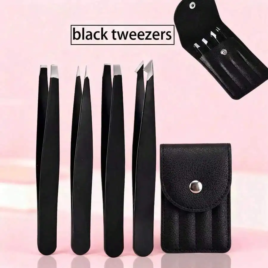 Professional 4pcs Stainless Steel Tweezer Set With Leather Case, Precise Eyebrow Shaping Makeup Tools Kit, Suitable For Gift