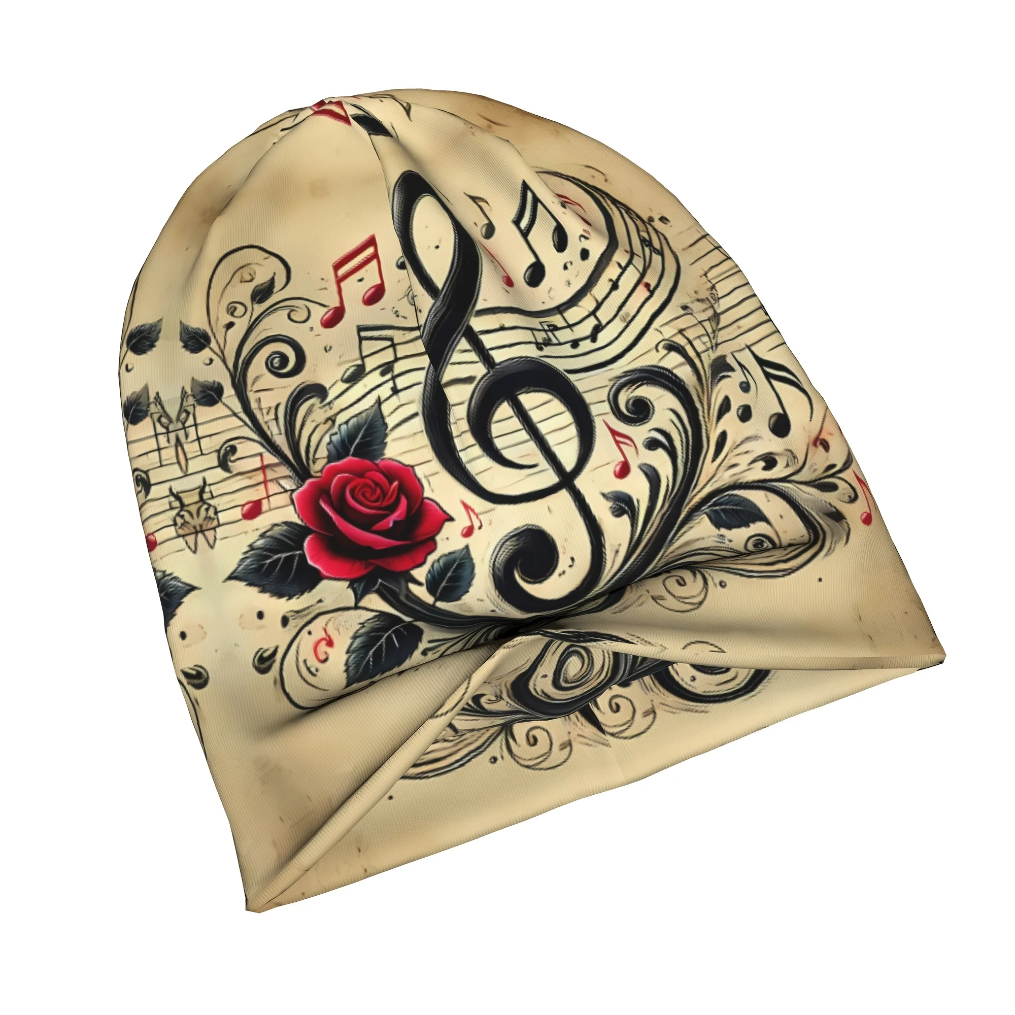 Rose Note Beanie Hat Elastic Stretch Fit Suitable for Valentine' Day Gift Rose Music Note Print for Storage Hand Washable