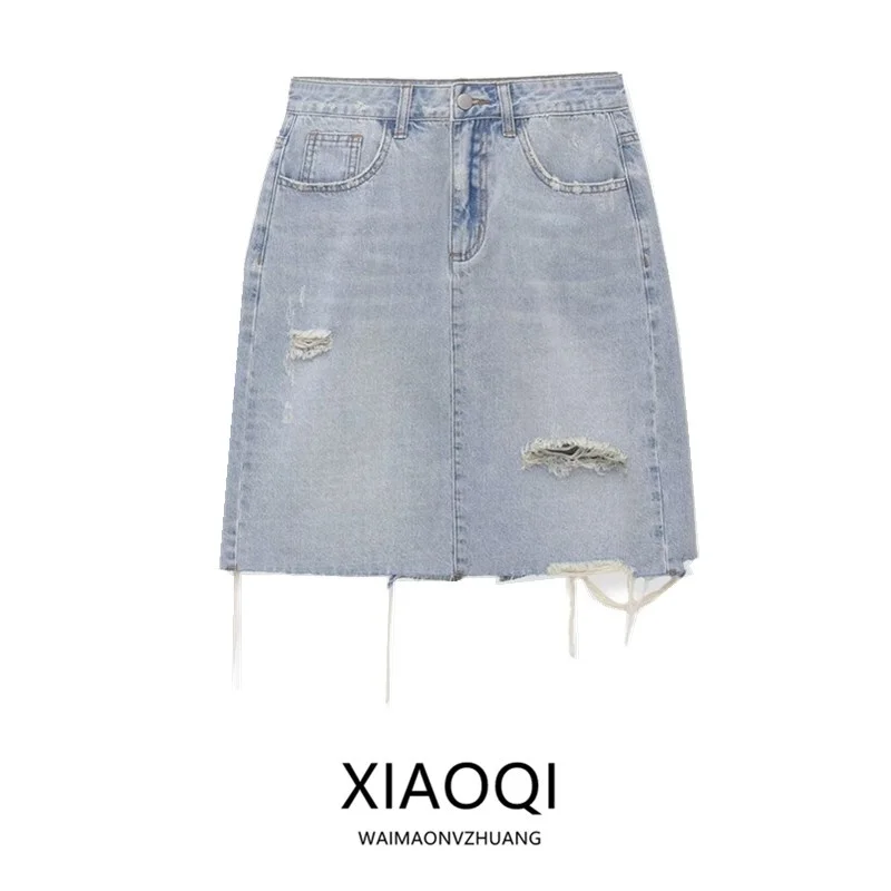 

New 2026 Spring Summer Women's mid Waist Versatile Denim Skirt with Hole Decoration A-Line Slim Fit Chinese Made