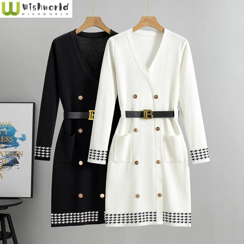 

Spring and Autumn Korean Classic Black Elegant Knitted Dress with Small Fragrant Style Long Sleeve Woolen Dress