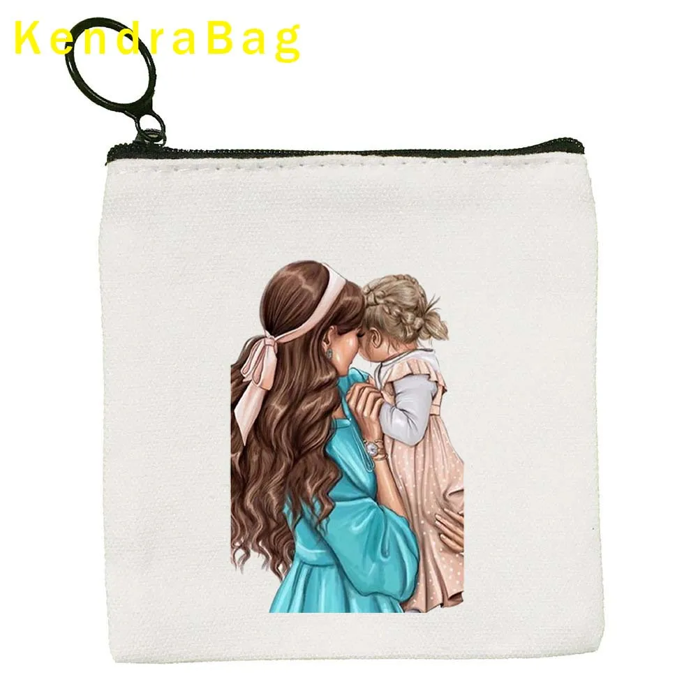 Fashion Mam Super Mom Life Mum Dad Baby Girl Boy Love Heart Canvas Key Coin Purse Small Square Bag Card Bags Wallet Zipper Gifts