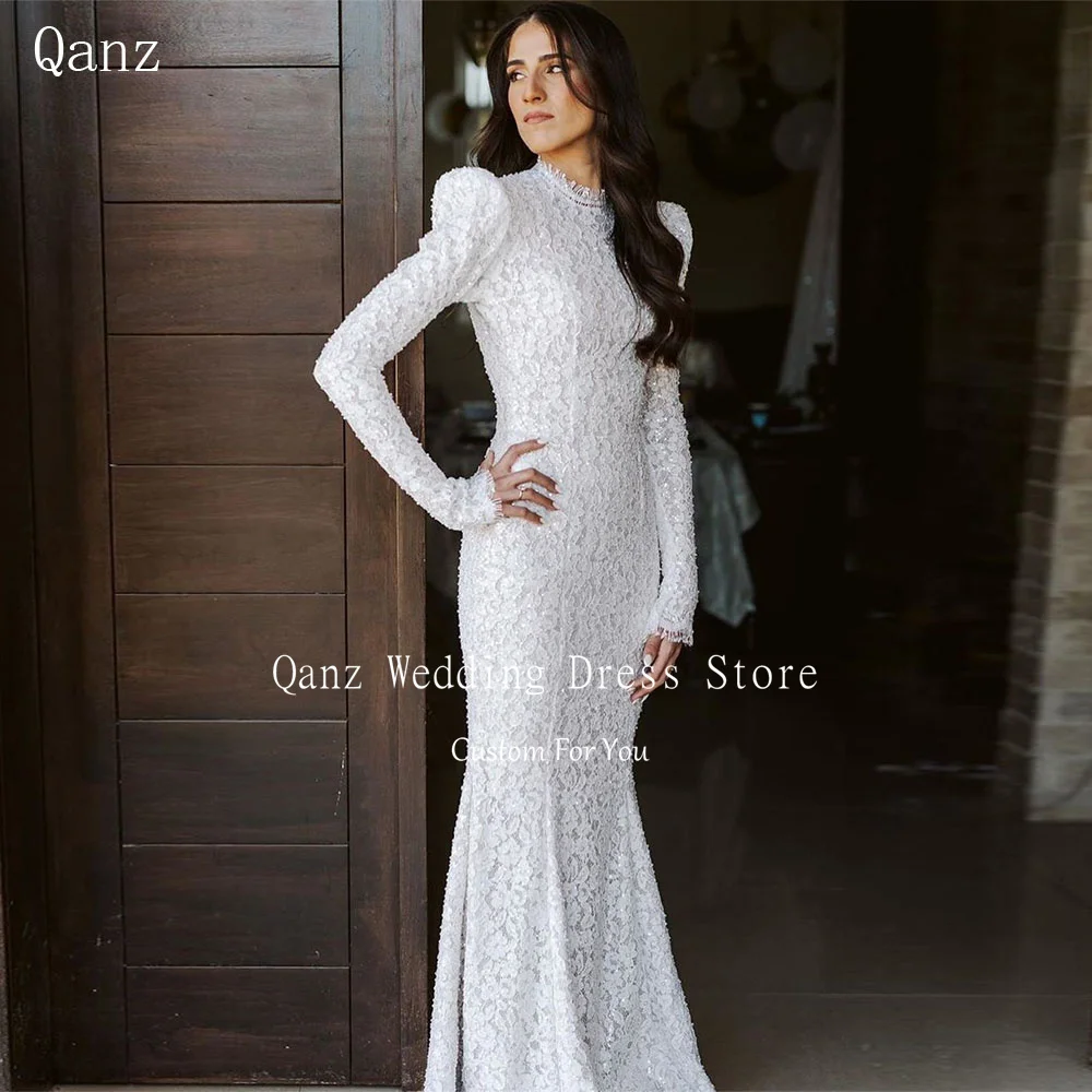 Qanz glitter o pescoço vestido de casamento mangas compridas vestido sereia feminino elegante luxo rendas robe de mariée vestidos de noiva personalizados