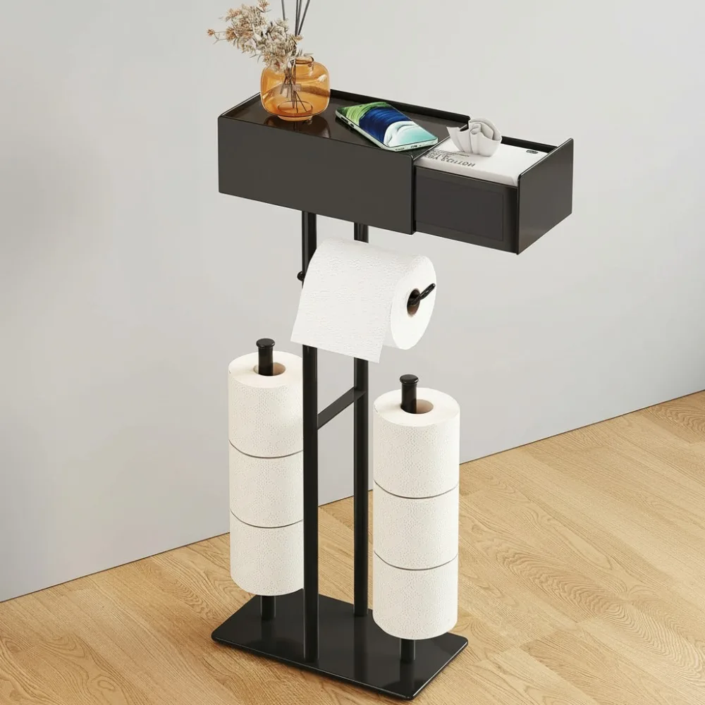 

Freestanding Toilet Paper Holder with Shelf & Drawer, No Drill Installation, Matte Black Bathroom Storage Organizer
