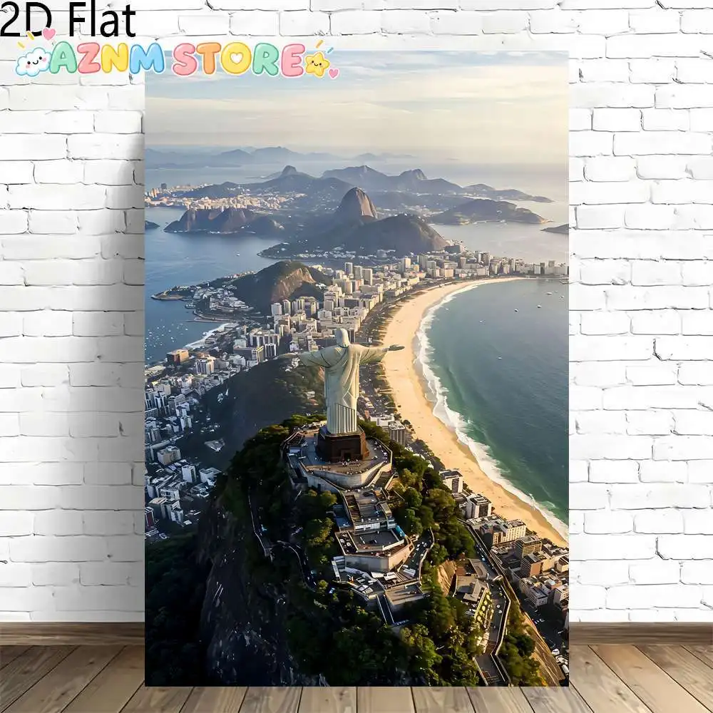 2D Flat, 2D Flat, 2D Flat 1pc, a Bird'S-Eye View of Christ The Redeemer in Rio De Janeiro, Featuring a Coastal Scene. This Fr