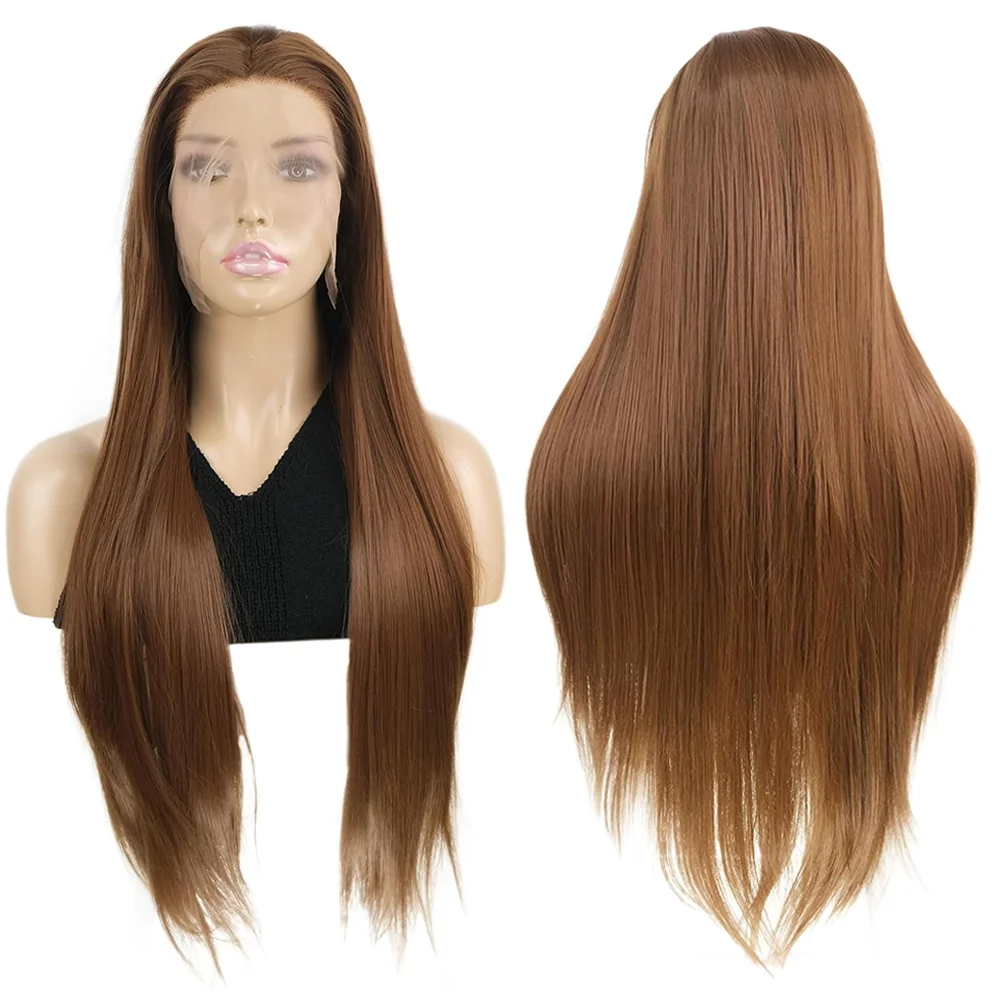 

13×4 Lace Front Wig Long Straight Brown Pre Plucked Natural Hairline Glueless Heat Resistant Synthetic Hair For Daily Party Use