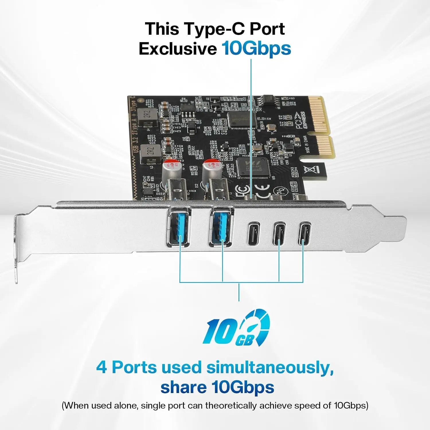 

JoniSerl P9JB 2Port USB3.2 GEN2 USB A + 3Port Type C Expansion Card PCIE 4X 10Gbps Speed for Full and Half Height Brackets