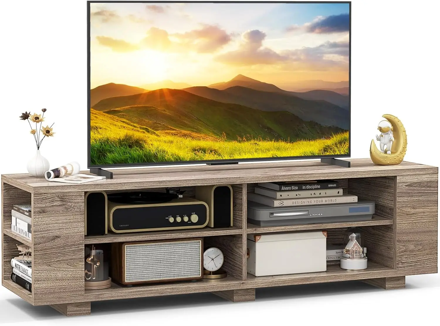 Wooden TV stand, suitable for flat screen TVs up to 65 inches, modern entertainment center with 8 open shelves