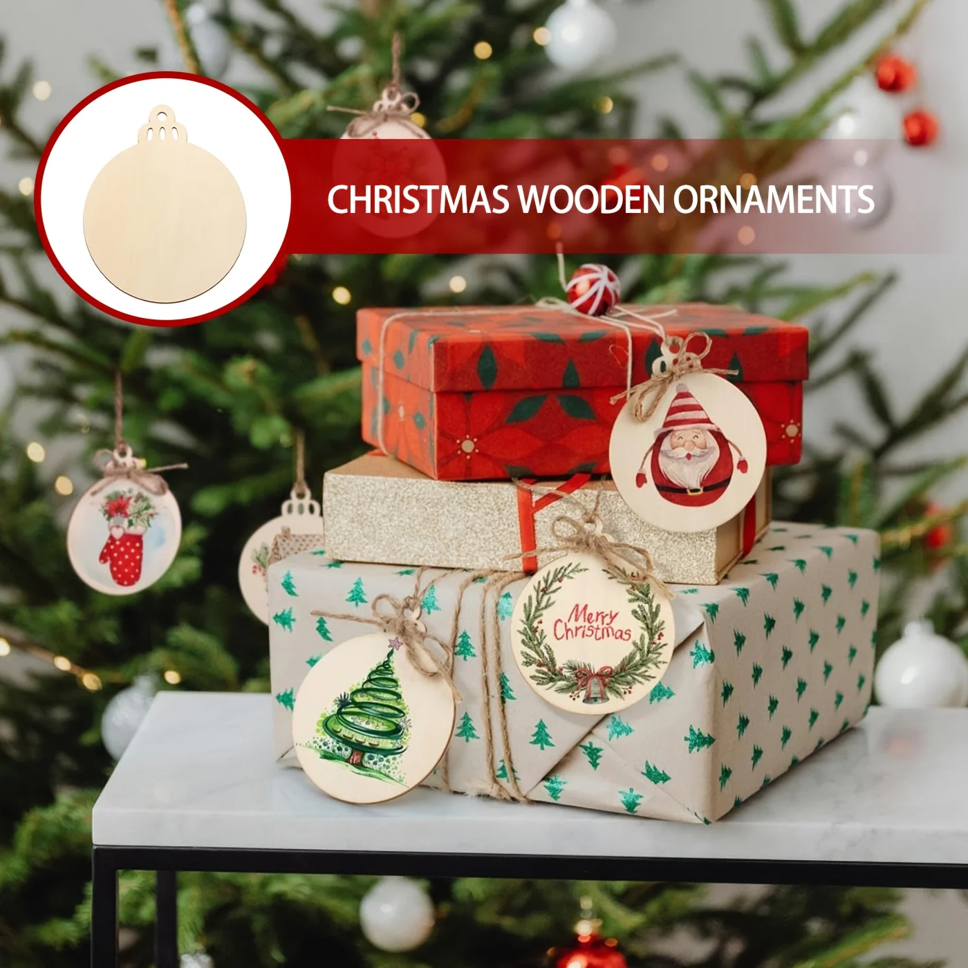15/25/50 قطعة 3.5 "x 4.2" زخارف عيد الميلاد الخشبية شرائح خشبية غير مكتملة مع ثقوب مع حبل 10 متر خشب مستدير محفور مسبقًا #6