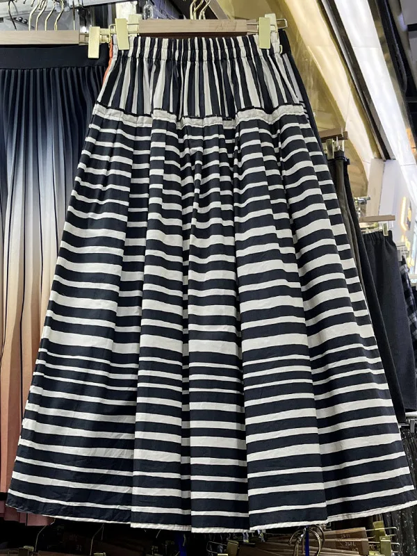 

Faionable Striped Patchwork Cotton Midi Skirt Women's 2025 Autumn High Waist A-Line Skirt Flared Skirts Korean Sle