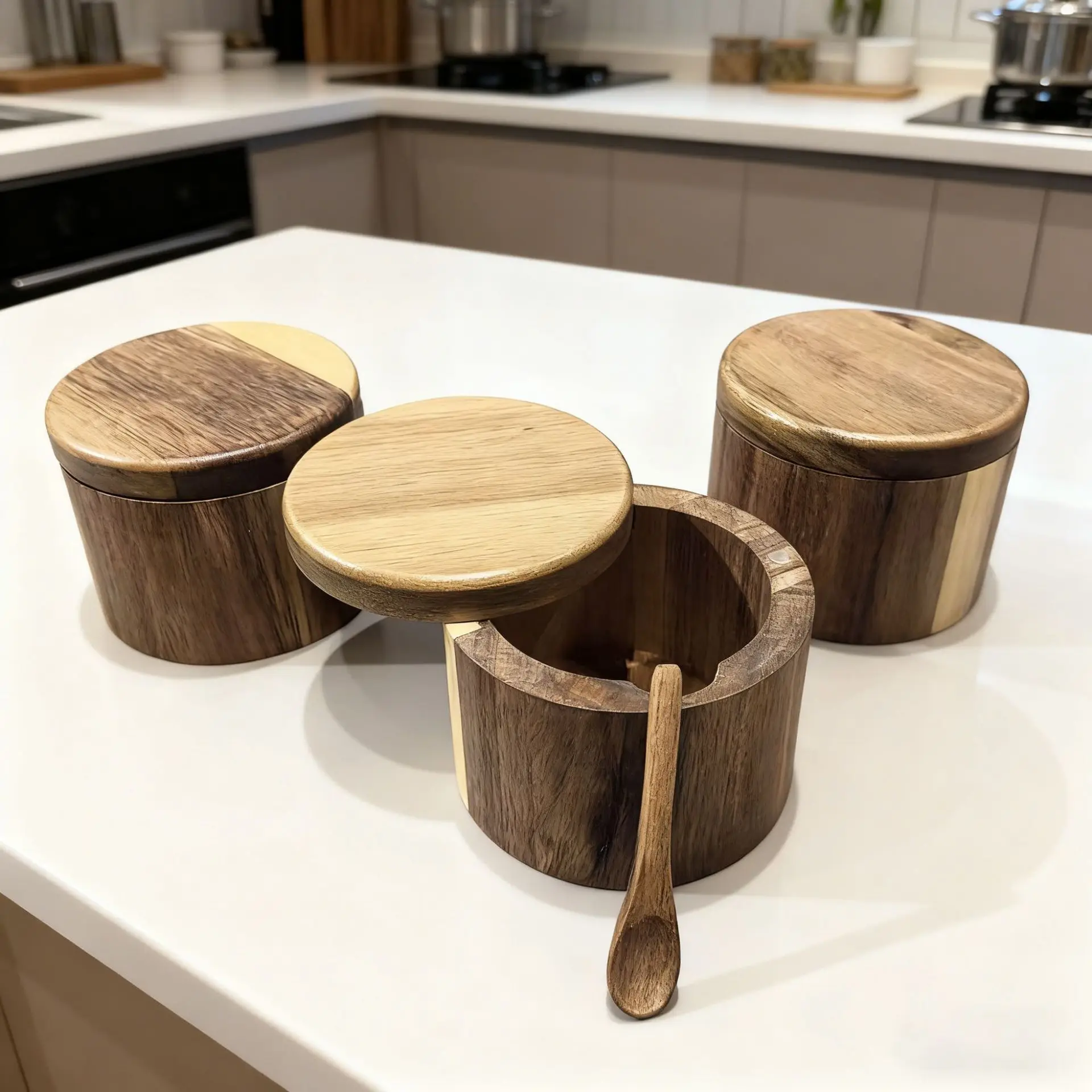 1PC Spice Jar， Salt Cellar with Spoon and Swivel Lid, Acacia Wood Salt Salt Keeper, Perfect for Storing Seasonings