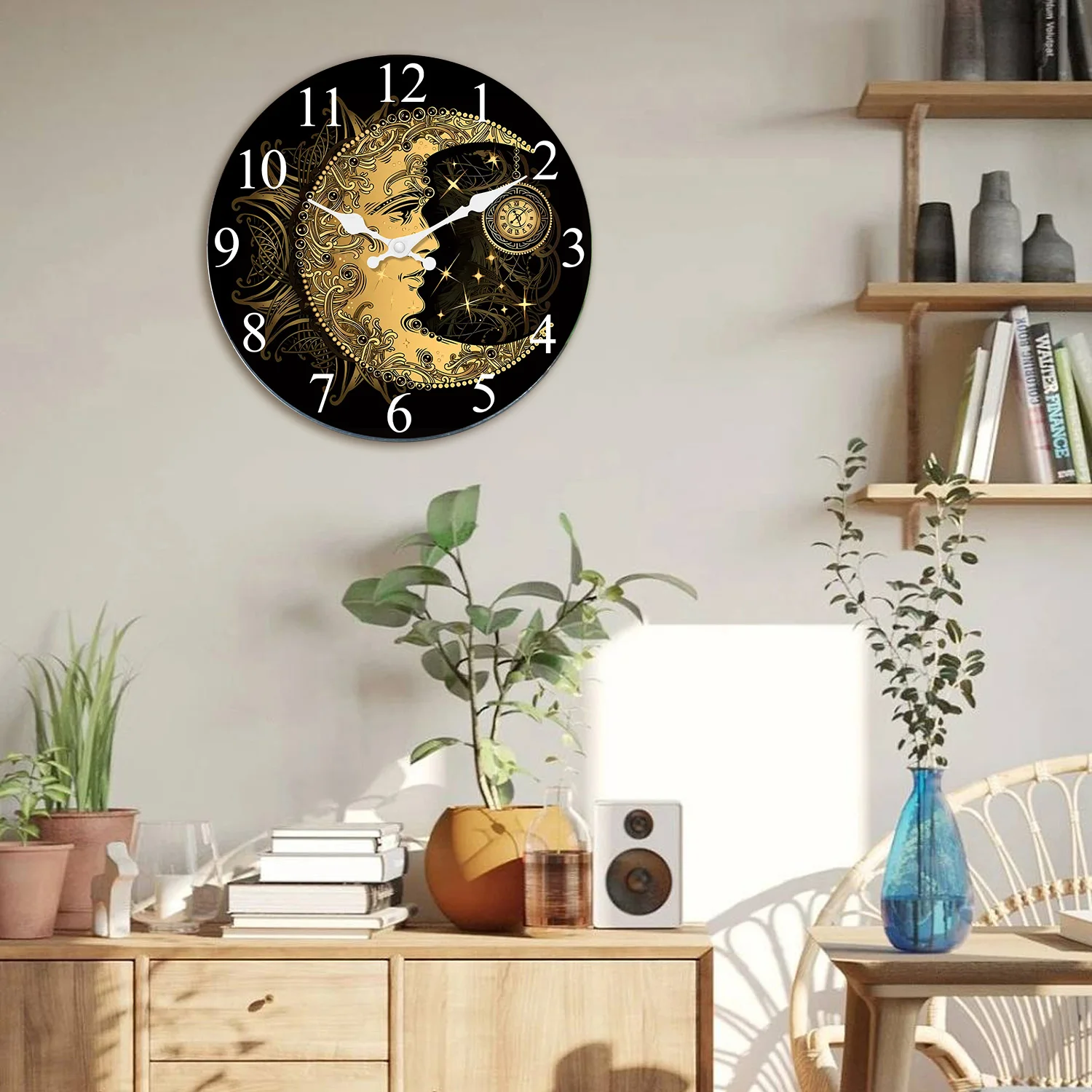 Art Sun Crescent Sky Star Elephant Wooden Wall Clock Living Room Bedroom Kitchen Home Decoration Wall Clock Silent Quartz Clock Holiday Gift 11.2inch Inch 15.6inch Inch (No Battery)