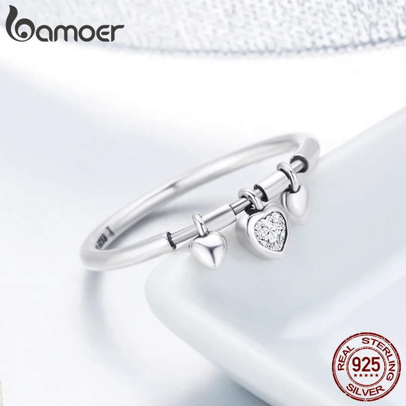 BAMOER 925 Sterling Silver Glittering Heart Clear CZ Anel Female Ring Women Wedding Engagement Jewelry SCR215