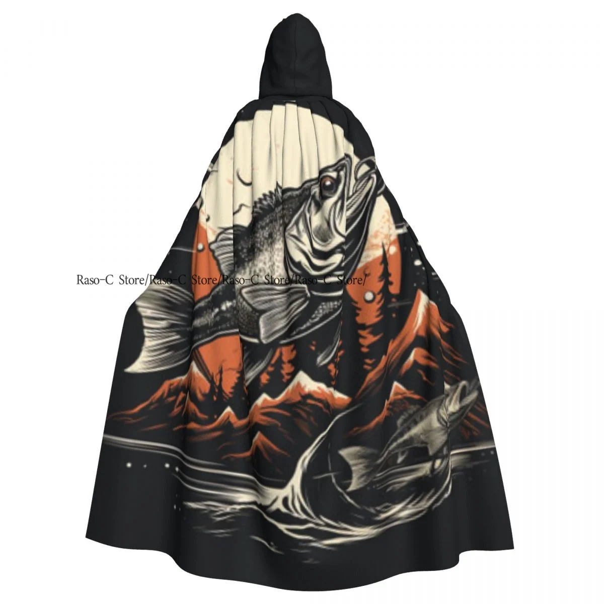 Unisex Witch Party Reversible Hooded Adult Vampires Cape Cloak Salmon And Fishing Rod With Mountains