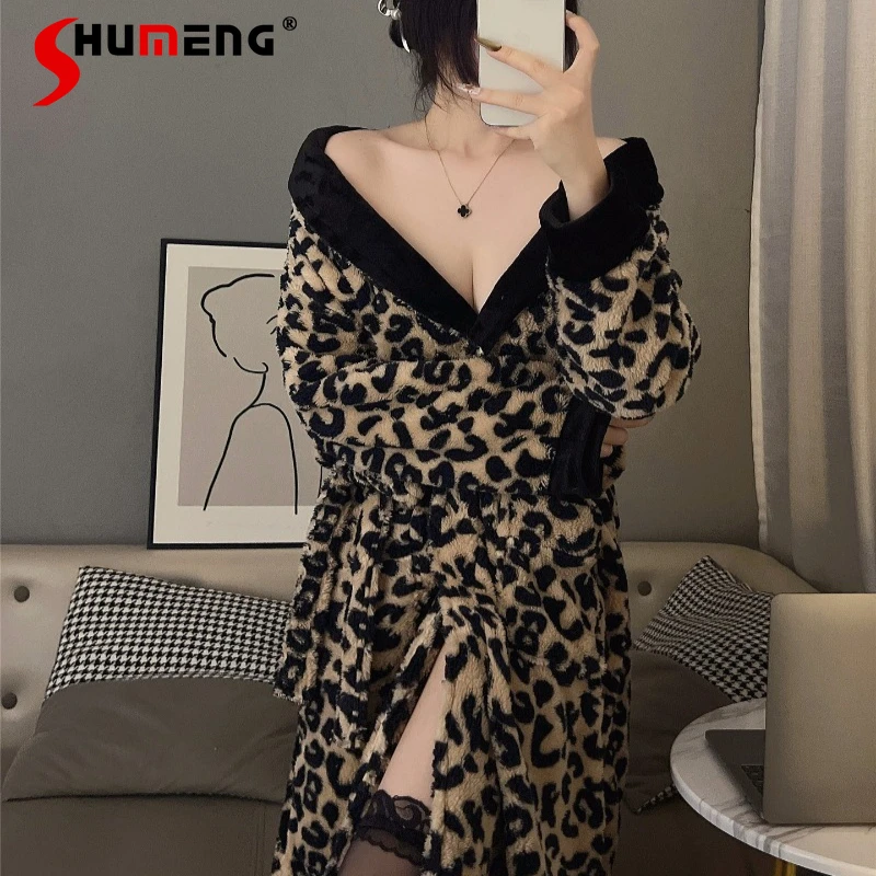 

Флисовая пижама с леопардовым принтом для женщин, осенне-зимний халат с длинным рукавом, женский японский сексуальный домашний костюм класса люкс для создания чистого ощущения страстности