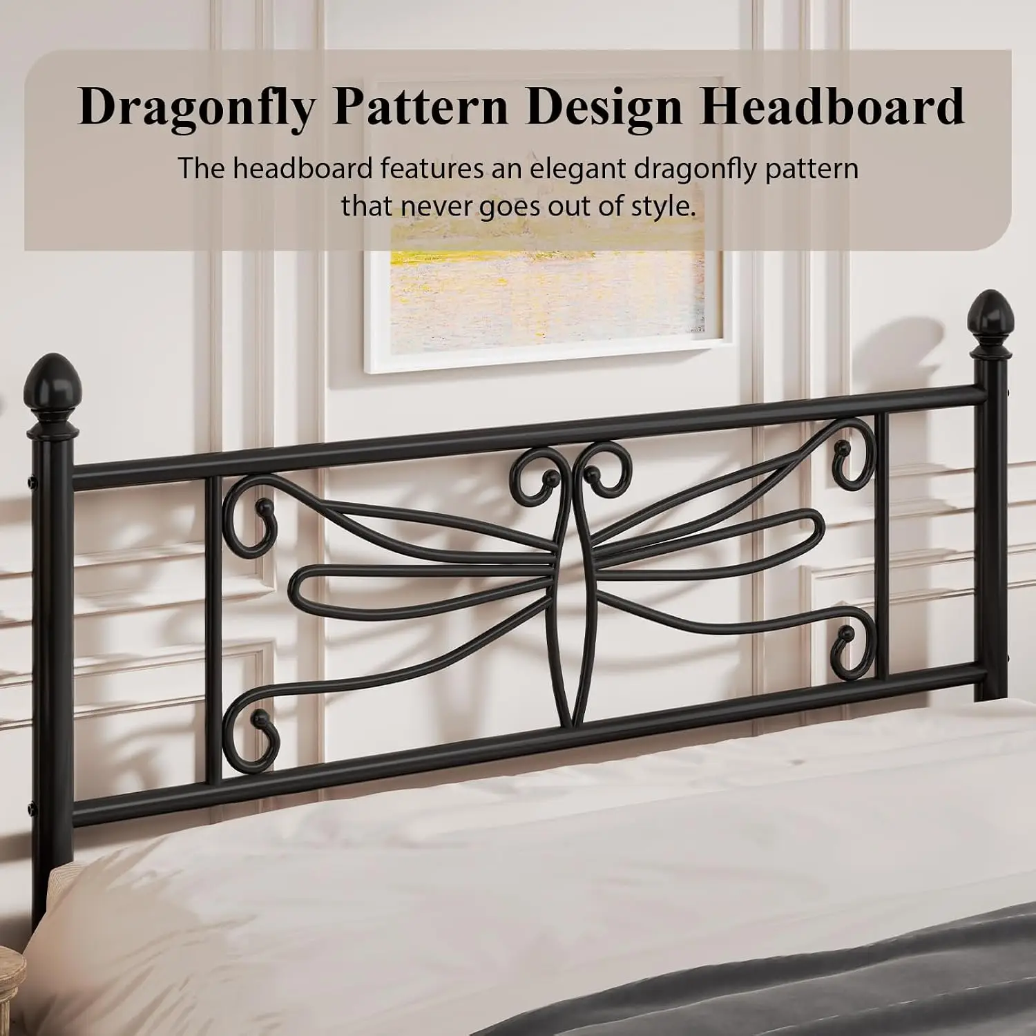 Full Size Metal Platform Bed with Dragonfly Pattern, Black, Customized